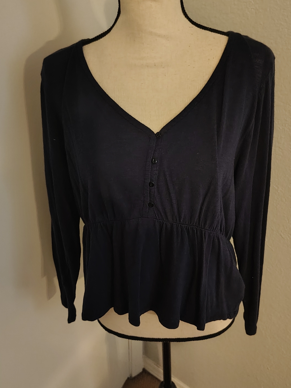 Lucky Brand Navy V-Neck Peplum Henley Long Sleeve Top